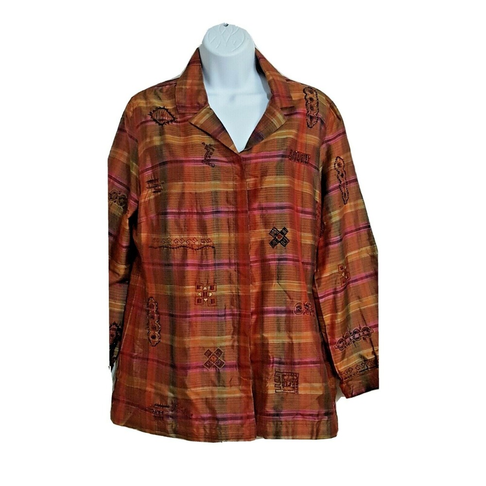 Chico's Blouse Womens Sz 1 US M Long Sleeve Button Front Plaid Beaded 100% Silk